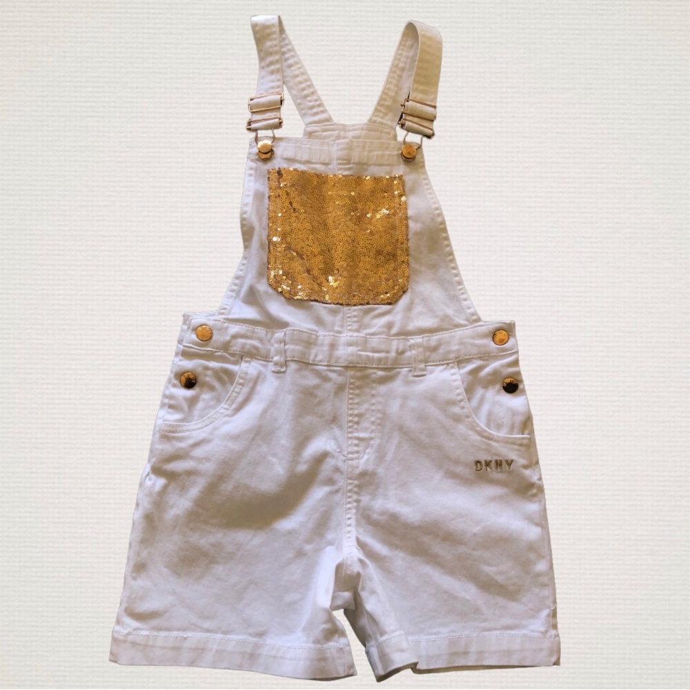 SOLD ON Ⓜ️ Never Worn DKNY White with Gold Sequins Denim Jean Overall Shorts.